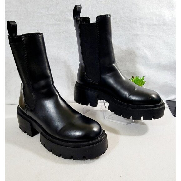 H&M‎ Womens Black Leather Pull On Ankle Boots Chunky Heels Round Toe Size 39/8 - Picture 1 of 12